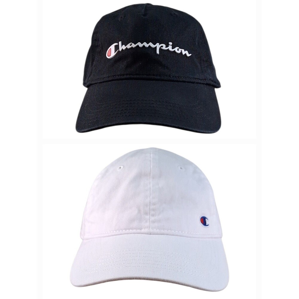 Champion Strapback Hat Bundle (2) Black Script White Dad Caps Adjustable Logo